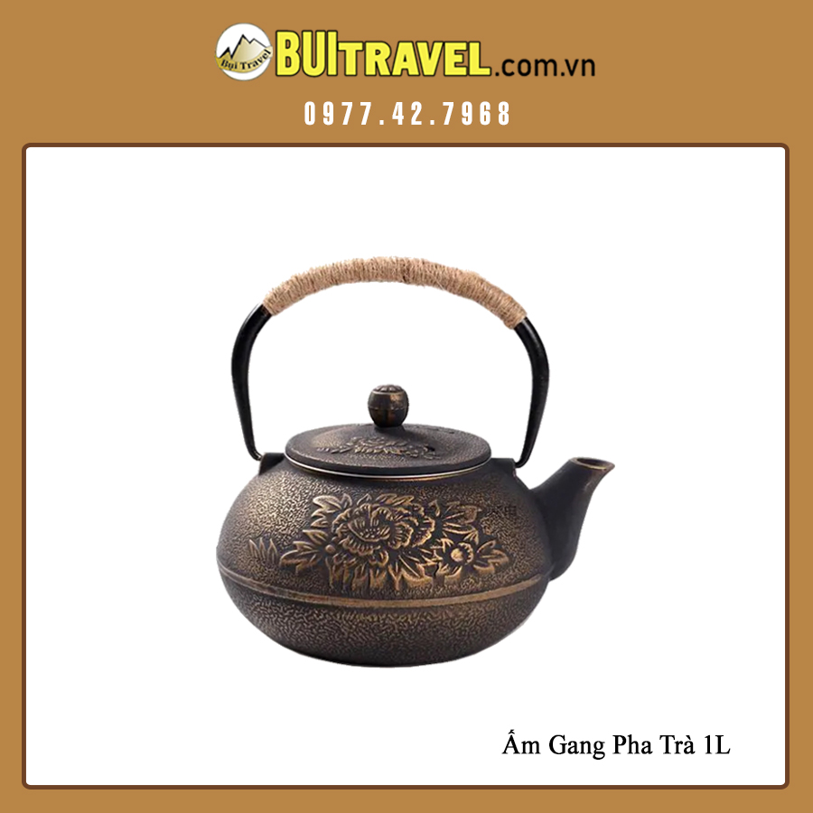 Ấm gang khắc hoa văn nổi 1l - ấm pha trà phong cách cổ điển - bụi travel