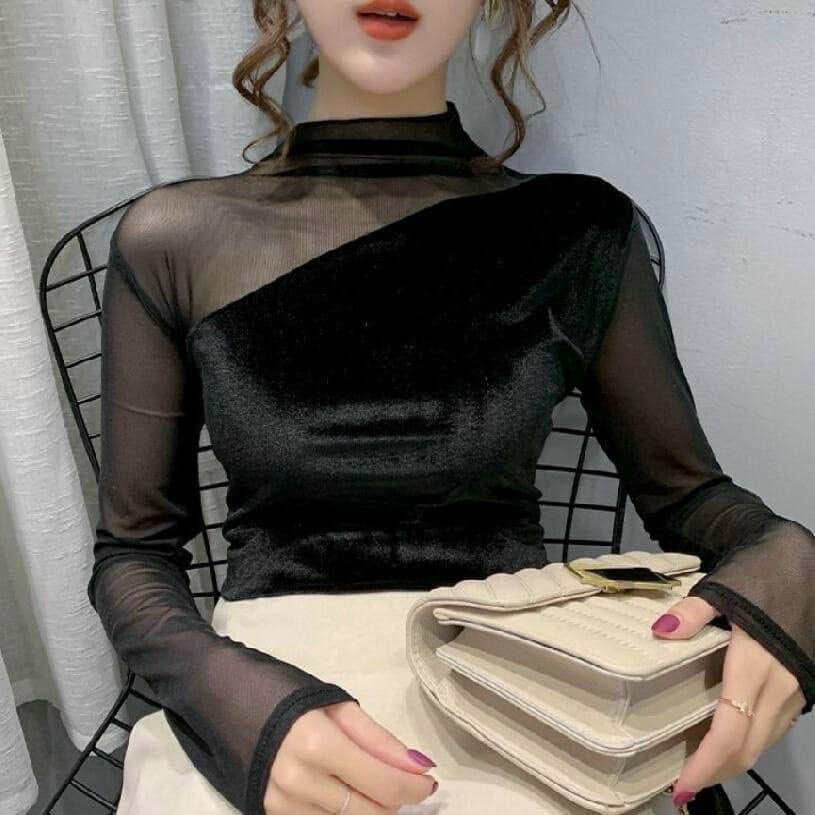 Áo nhung lưới dài tay cổ vạt chéo- Áo len nữ cổ ren vạt chéo- Áo giữ nhiệt nhung cổ chéo siêu hot thời trang cho nữ