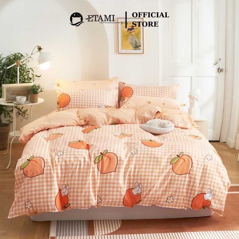Bộ chăn ga gối đệm cao cấp ETAMI cotton poly quả đào cam cute  bo chun drap giường , ga trải giường P08