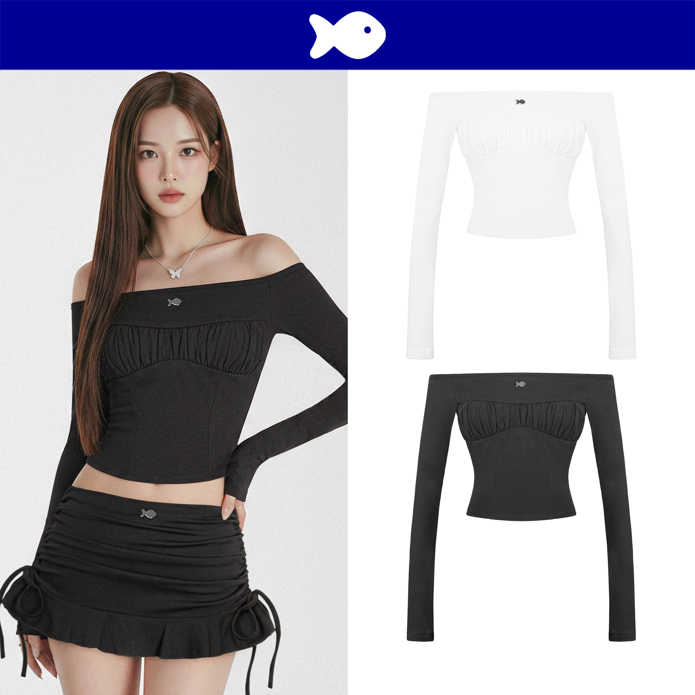 Dkmv Off-The-Shoulder Long-Sleeved Crop Top with Cute Fish Logo Attached, Silk Ribbed Elastic, Slim Fit, Elegant Style Dewdrop Top |   K-T53