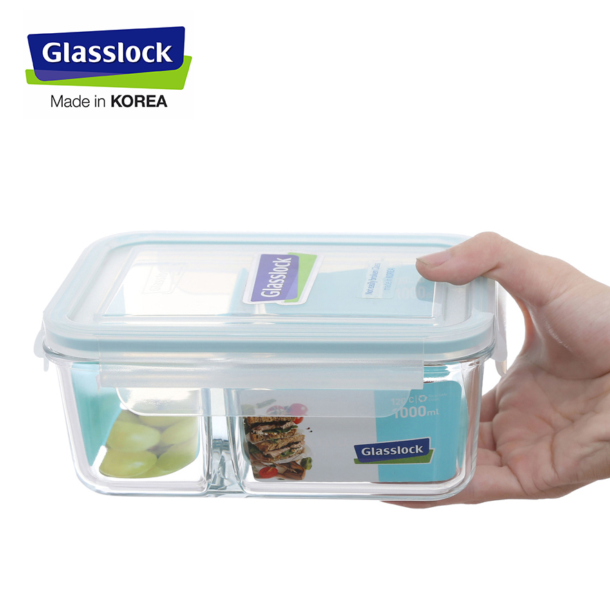 Hộp thủy tinh chịu lực, chia 2 ngăn Glasslock 1000ml - Larva Store
