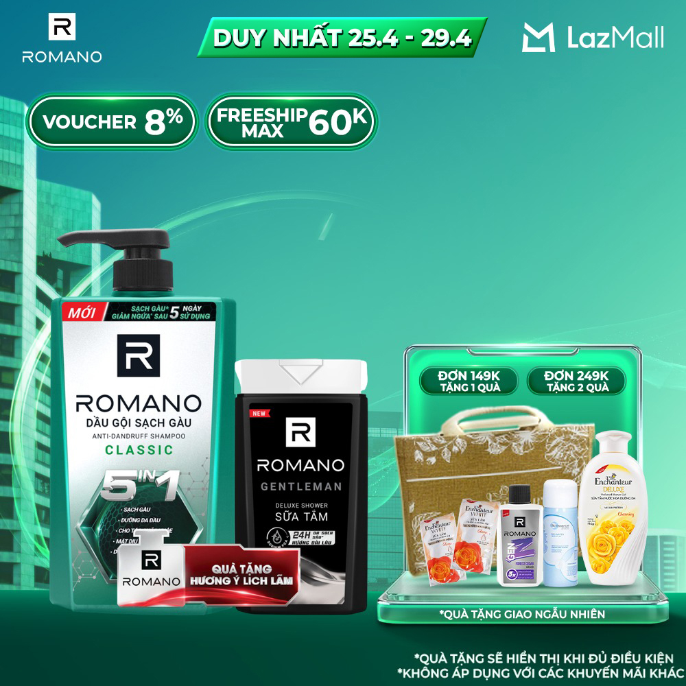 Dầu gội Romano sạch gàu Classic 610g tặng sữa tắm nước hoa Gentleman 150g