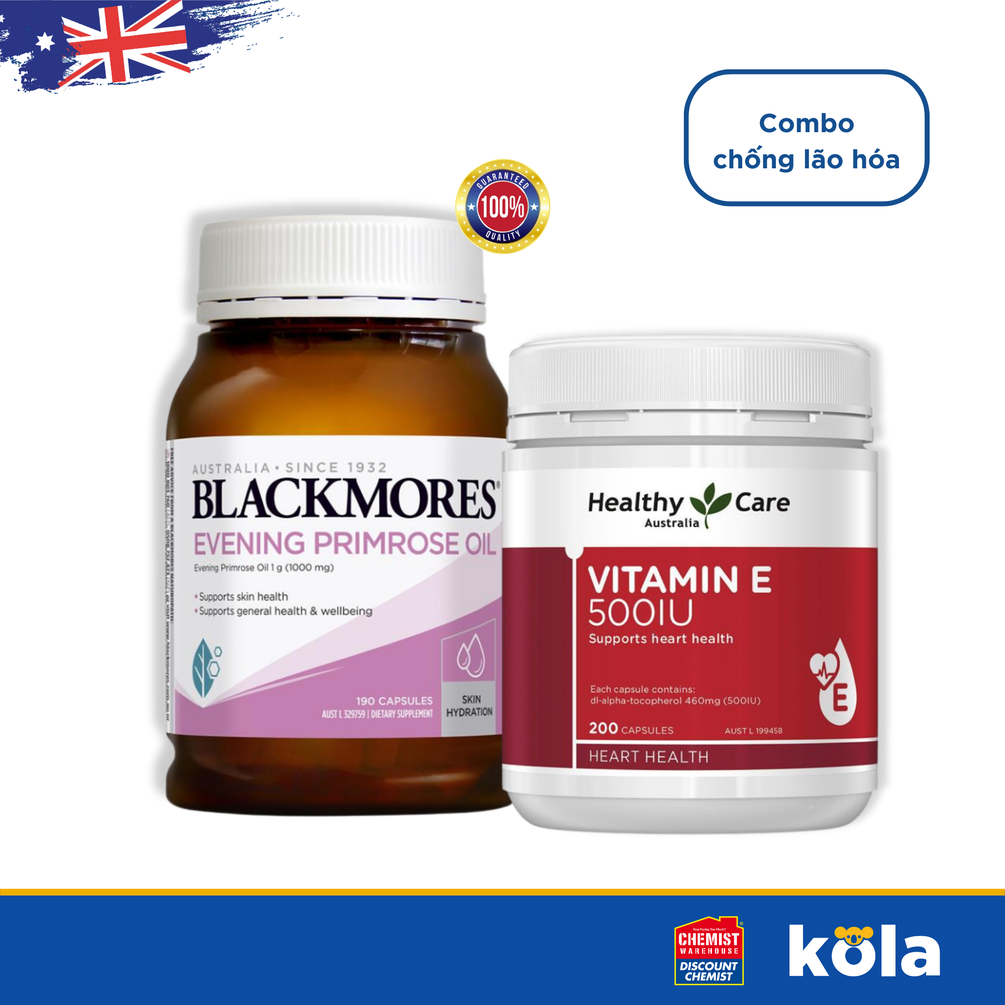 Combo chống lão hóa Tinh dầu hoa anh thảo Evening Primrose Oil Blackmores 190 viên và viên Vitamin E 500 IU Healthy Care của Úc