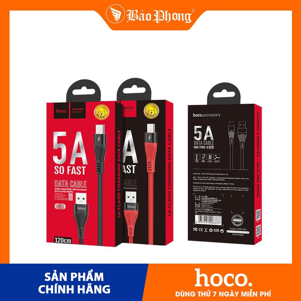 Cáp sạc nhanh hoco u53 5a chân typec / micro