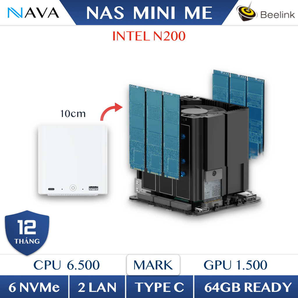 Beelink Me Mini Pc Nas with 6 Nvme Ssd Slots (24Tb), Intel N200, Emmc 64Gb, Ddr5 Wifi 6 Giá 9,490,000 Đồng*Miễn phí vận chuyển