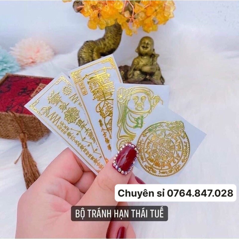 Bộ 4 miếng dán màn hình linh phù tránh hạn ( thái tuế, ngũ lộ, búa, chuyển vận) dán điện thoại để bóp ví đã gia trì