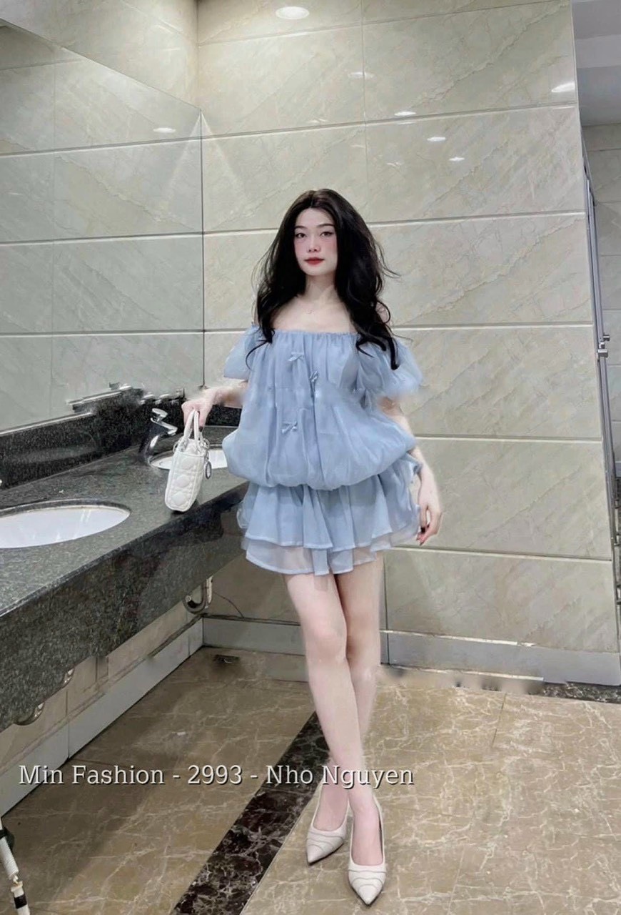  Đầm nữ thời trang bánh bèo mặc đi chơi chất voan tơ xốp thiết kế trễ vai cúp ngực tay ngắn váy phồng xoè hai lớp cao cấp 