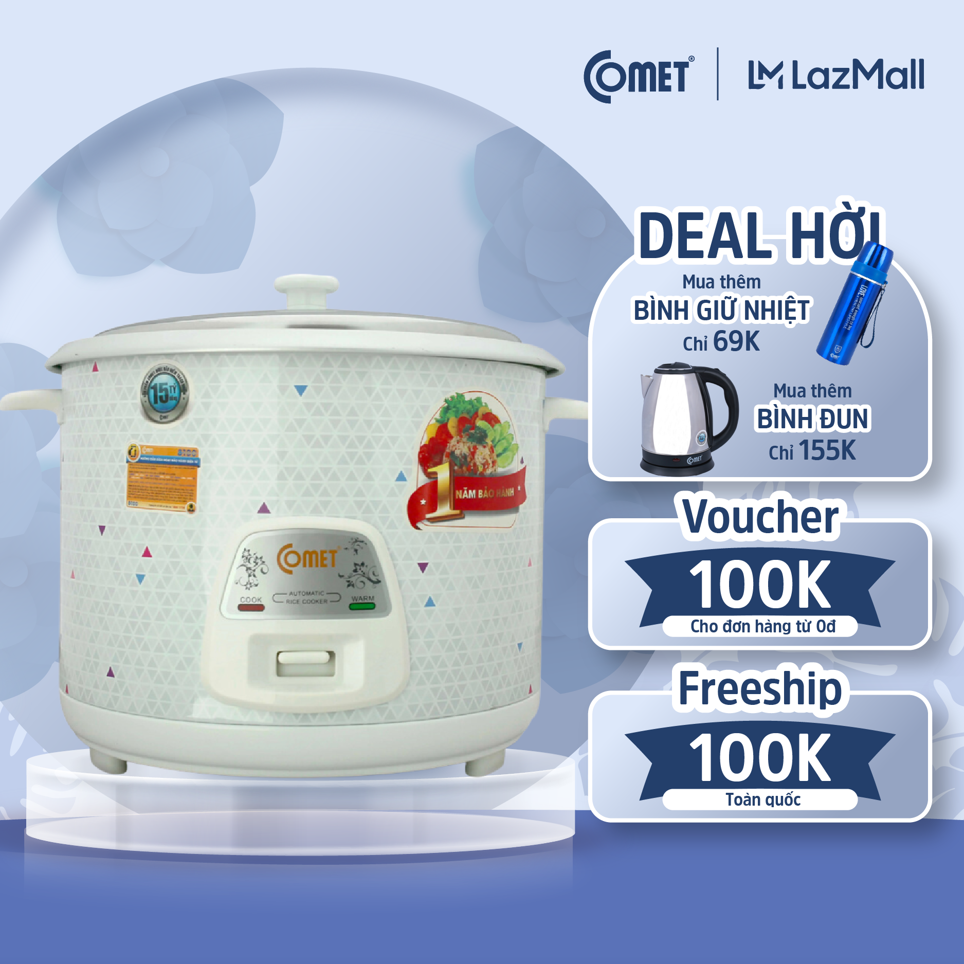 Nồi Cơm Điện Nắp Rời COMET - CM8009 -  Dung tích 1.2L , phù hợp 2-4 người ăn - Hàng Chính Hãng - BH 12 tháng