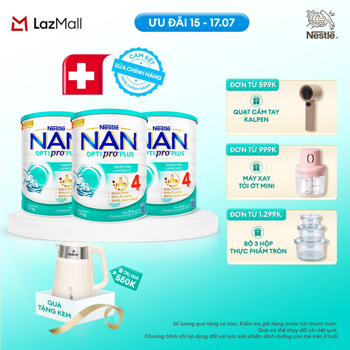 [CHỈ 15-17.07 QT ĐƠN 599K/999K/1299K][Tặng ấm đun siêu tốc kalpen] Comno 3 lon Sữa bột Nestlé NAN OPTIPRO PLUS 4 800g/lon với 5HMO Giúp tiêu hóa tốt + Tăng cường đề kháng
