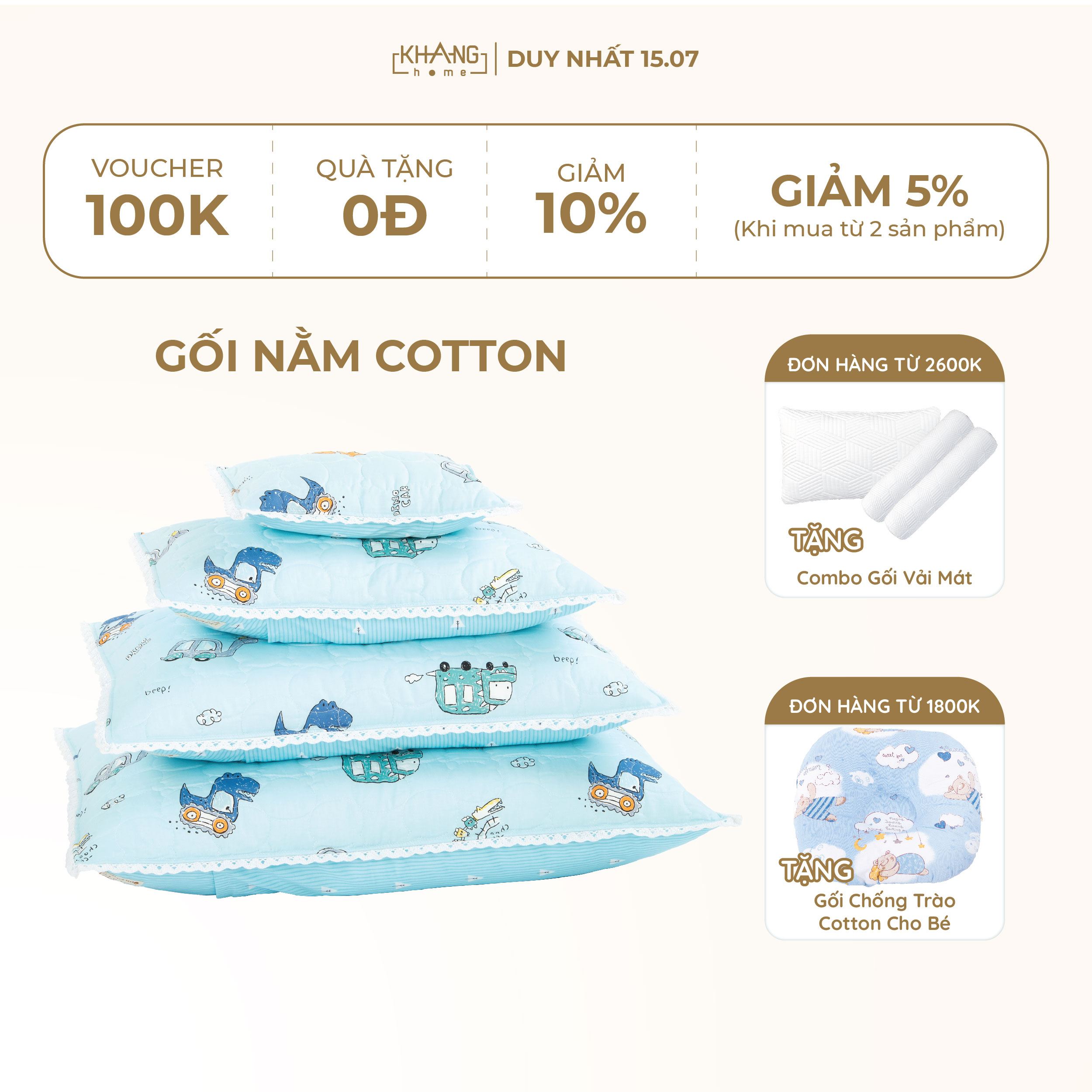 Gối nằm trẻ em vải cotton ruột lông vũ khang home - an toàn, êm ái, mềm mại cho bé