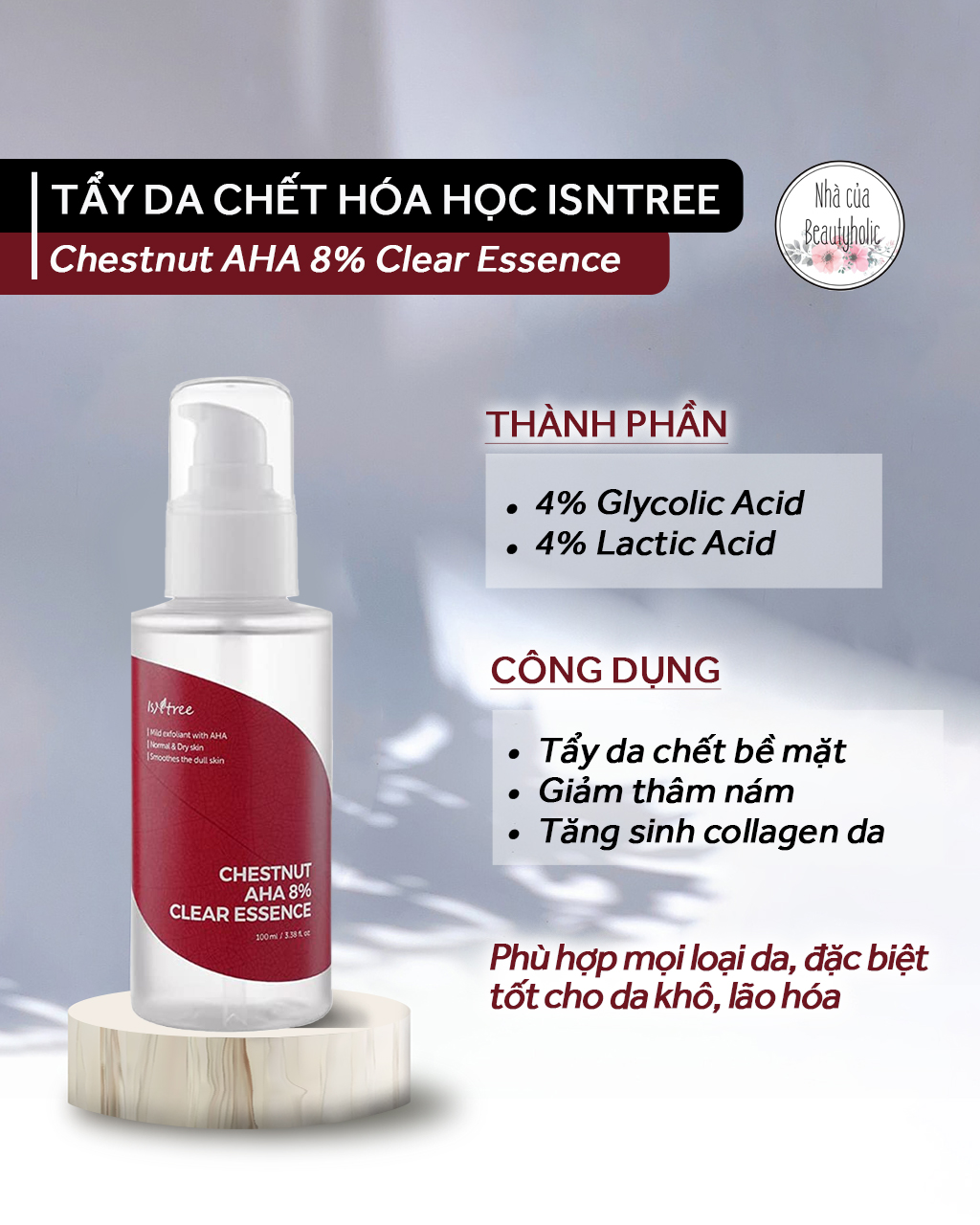 [Nhacuabeautyholic] Tẩy da chết hóa học ISNTREE CHESTNUT AHA 8% CLEAR ESSENCE