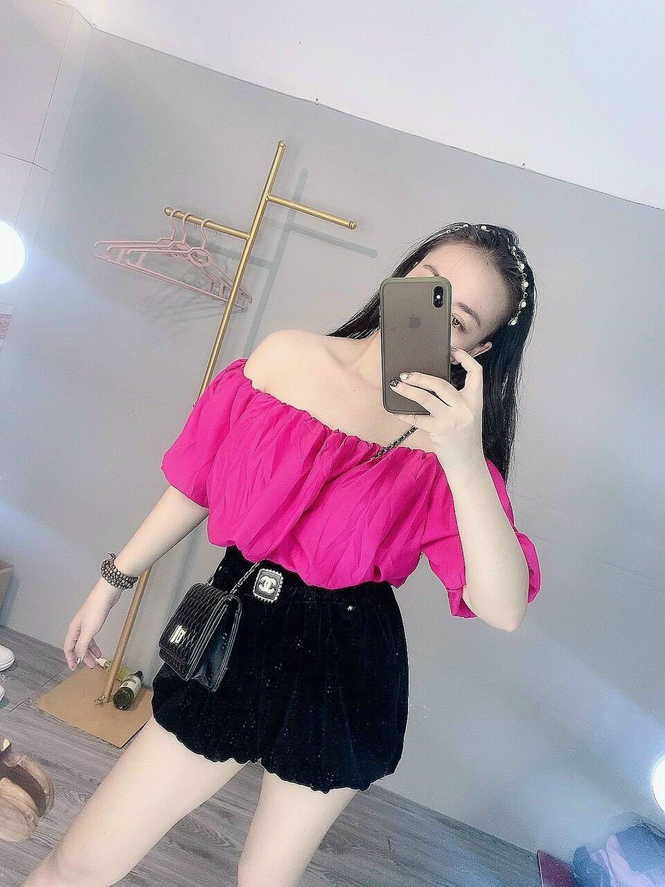 Áo croptop bẹt vai voan tay bồng