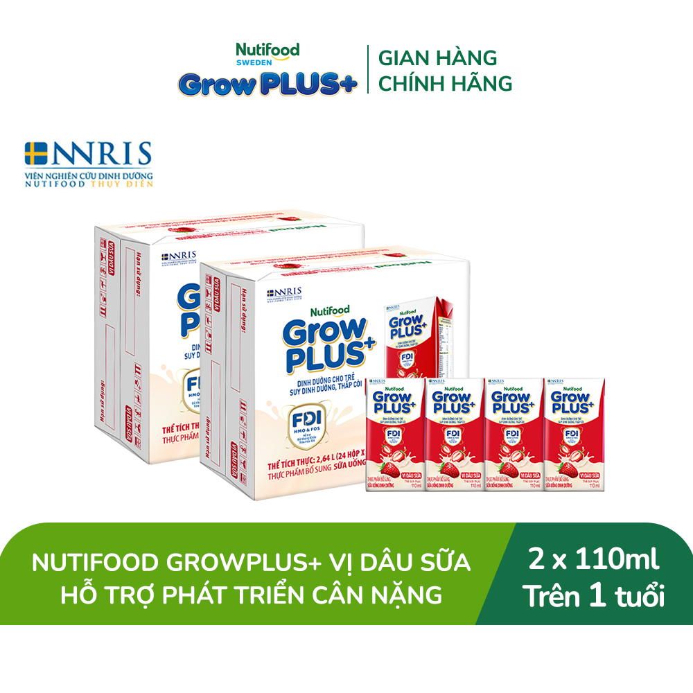Combo 2 Thùng 24 hộp Sữa nước pha sẵn Nutifood GrowPLUS+ Vị Dâu Sữa hộp 110ml - Hỗ trợ phát triển cân nặng