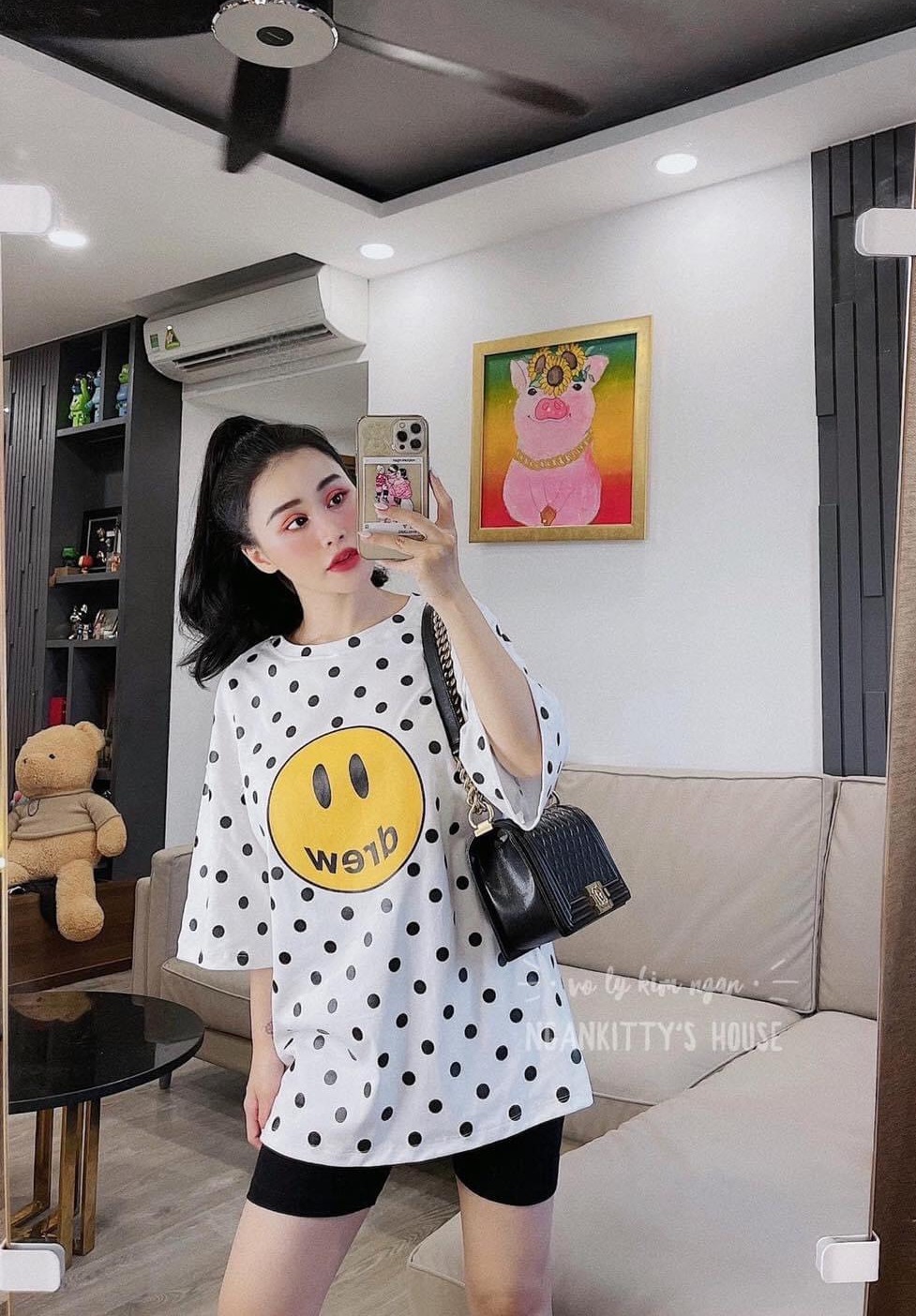 ⚡️siêu phẩm⚡️ set bộ áo phông ép mặt cười chấm bi quần nâng mông thời trang hit hot f57