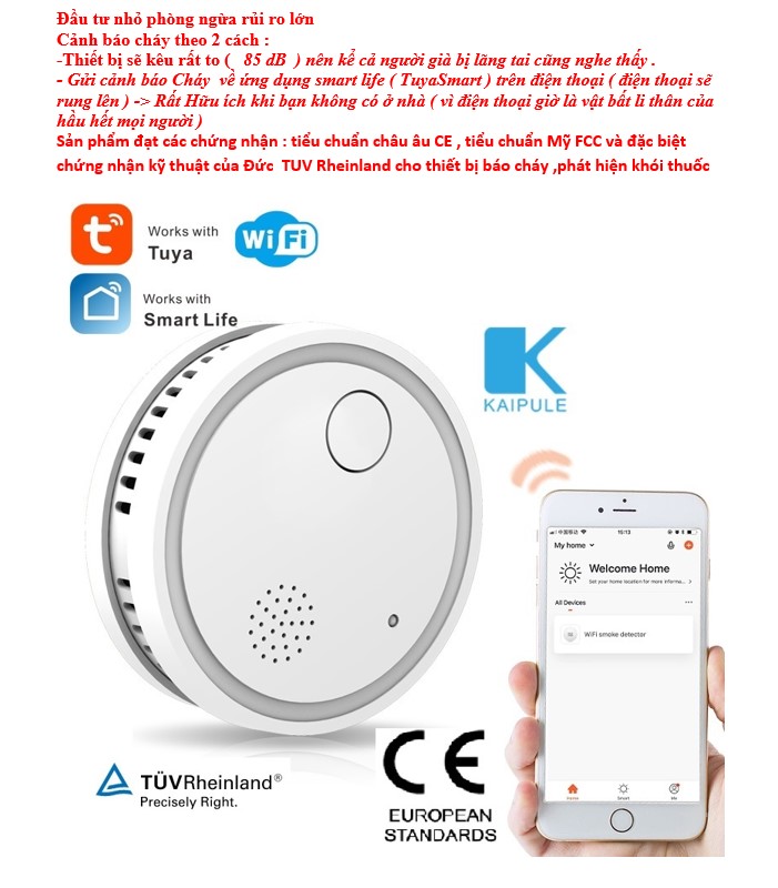 Chuông Báo Cháy ,Phát hiệu khói thông minh Wifi  thương hiệu Kaipule (Tiểu chuẩn Đức ,giá trong tầm tay )