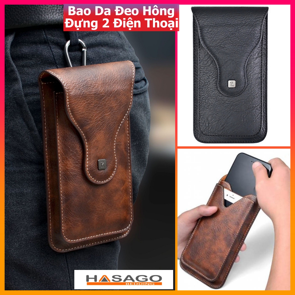 Bao da đôi điện thoại có 2 ngăn đựng được 2 điện thoại đeo thắt lưng , đeo hông