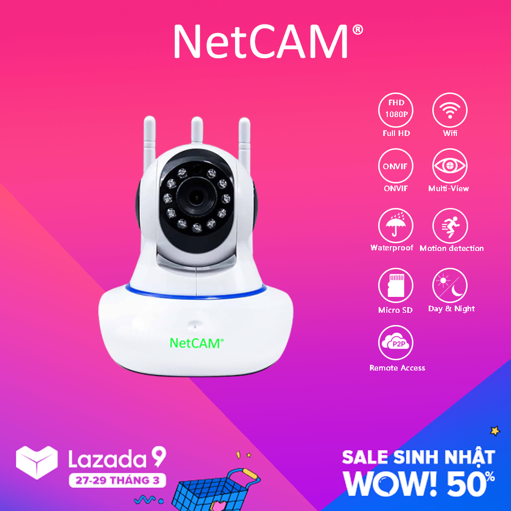 Camera ip wifi giám sát và báo động netcam r02 1080p 3 râu - hãng phân phối chính thức - bảo hành 12 tháng