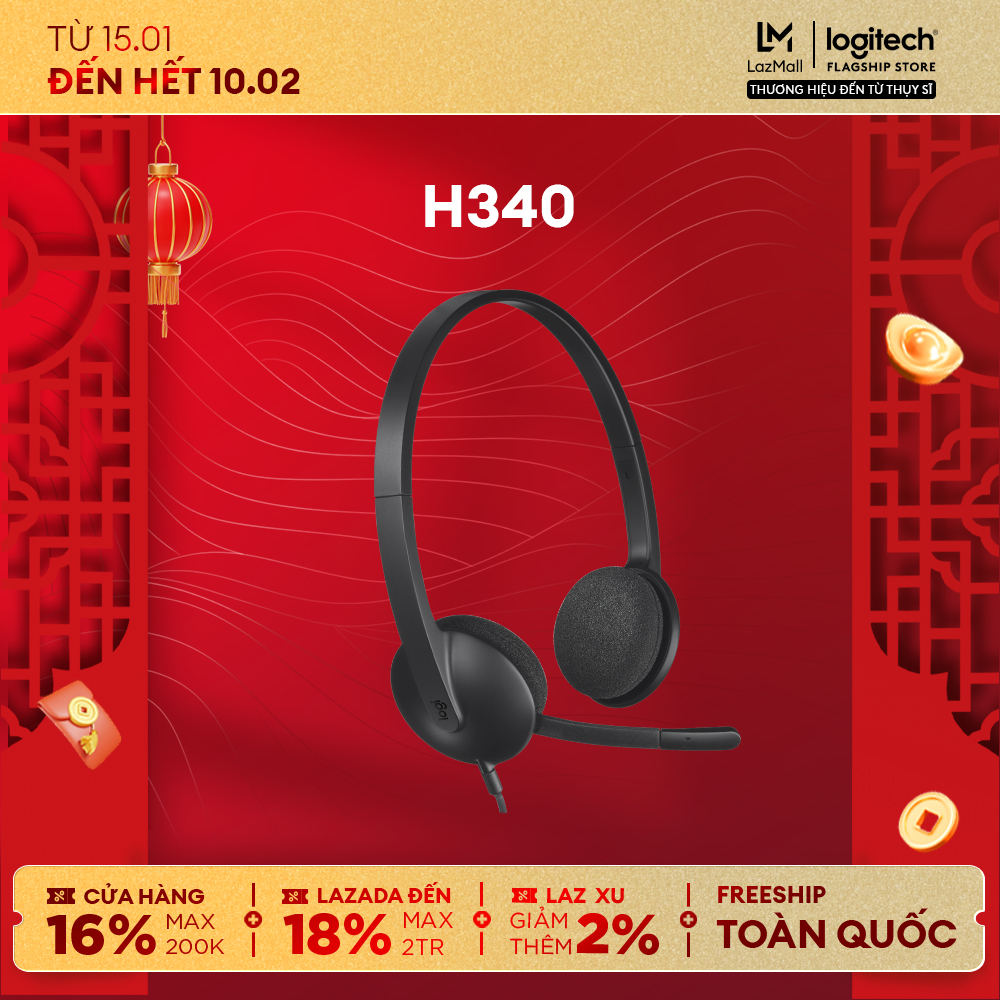 Tai nghe có dây Logitech H340 - Mic giảm ồn điều khiển trên dây âm thanh kỹ thuật số đệm tai thoải mái kết nối USB-A
