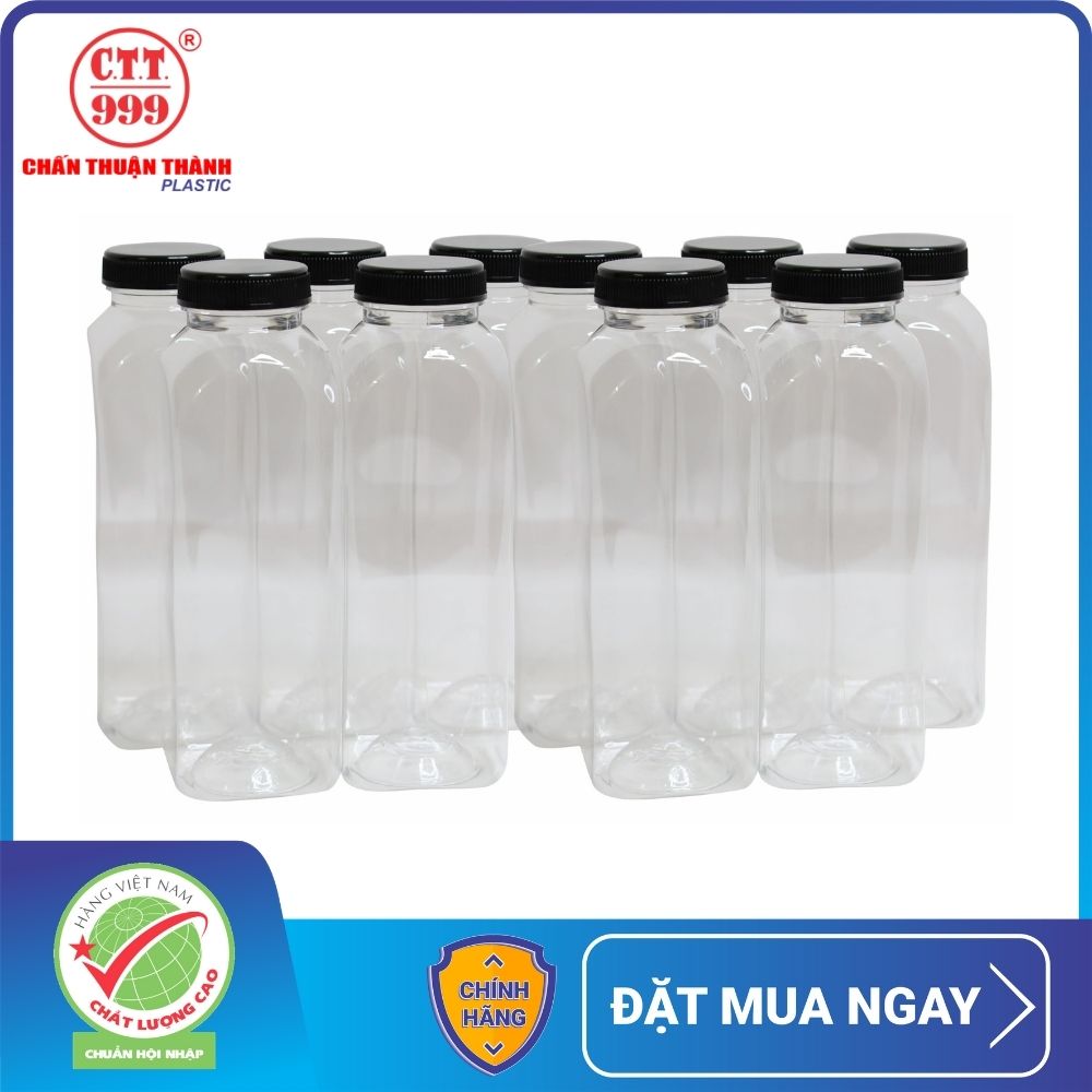 Combo 10 chai nhựa PET Chấn Thuận Thành 330ml đựng trà sữa, nước ép - chai vuông miệng lớn, kèm nắp PET3820T-V-10