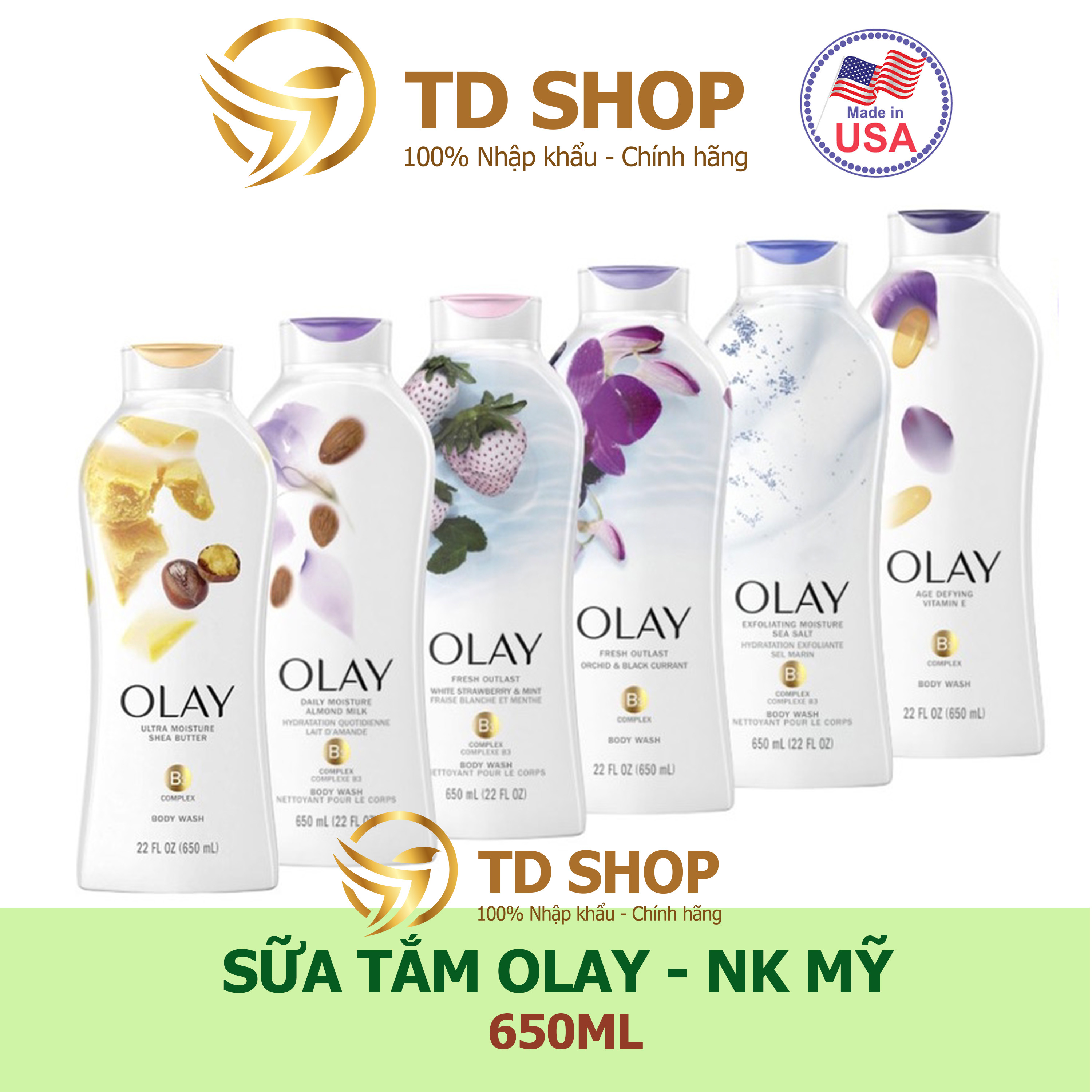 Sữa tắm Olay 650ml Dâu I Lan I Muối biển I Hạnh Nhân I Bơ hạt mỡ I Vitamin E - TD Shop