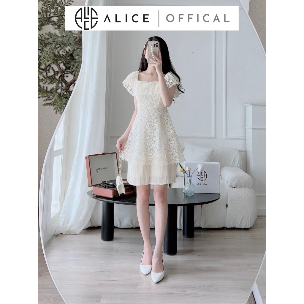 Váy ren tiểu thư trễ vai alice chất liệu cao cấp lót lụa với chân váy phối tơ dập li, thiết kế sang chảnh thanh lịch v857