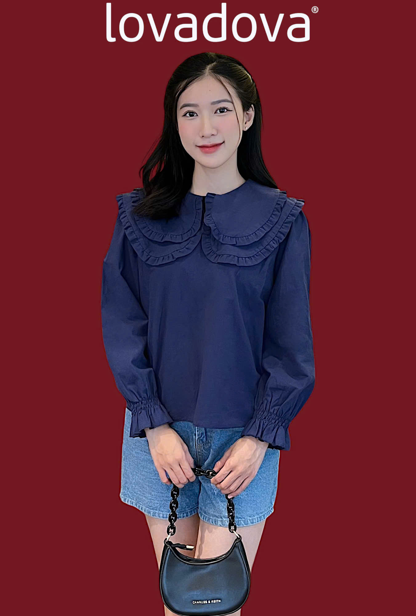 Áo dài tay màu xanh navy bèo thun chỉ vải linen Lovadova GB0903