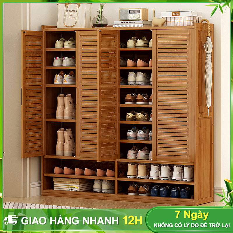 BOHO Tủ giày 7/8 tầng Kệ giày bằng tre Tủ lưu trữ giày có cửa