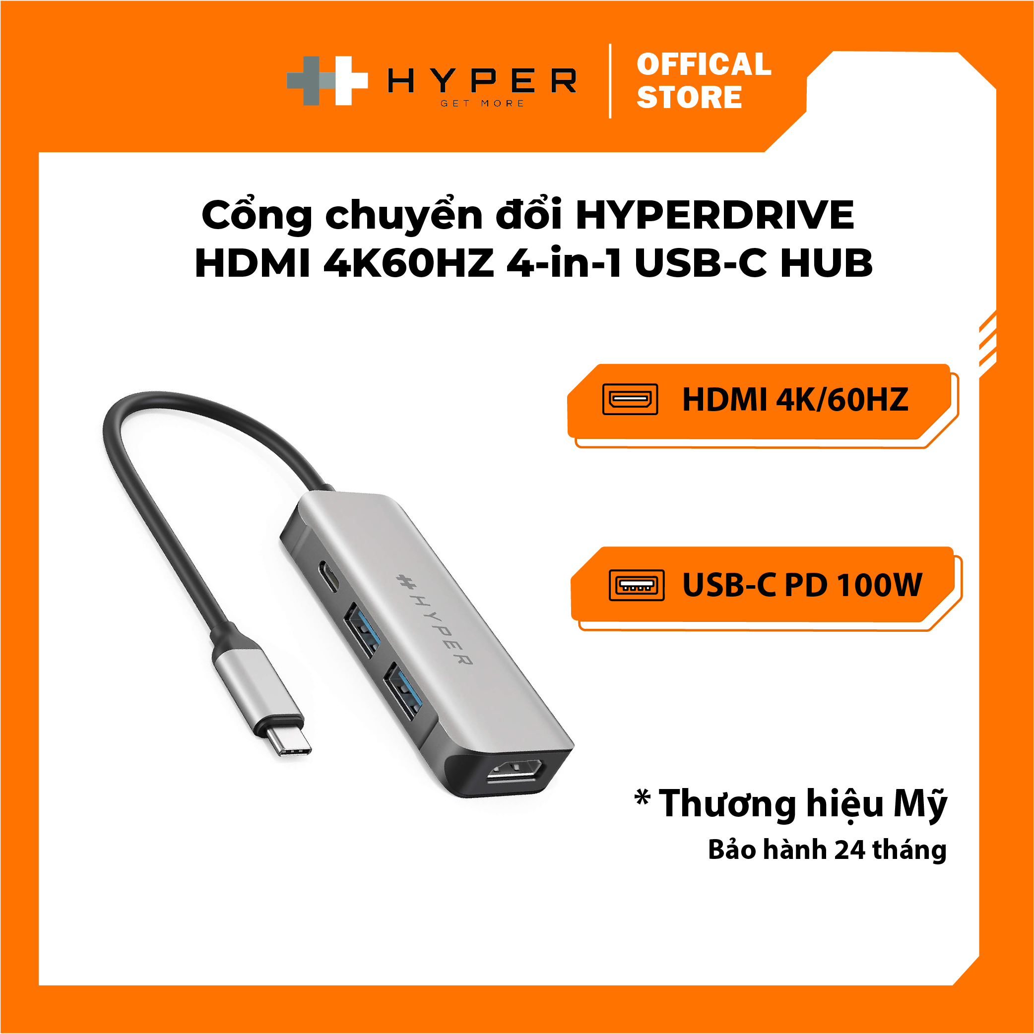 Cổng chuyển hyperdrive hdmi 4k60hz 4-in-1 usb-c hub