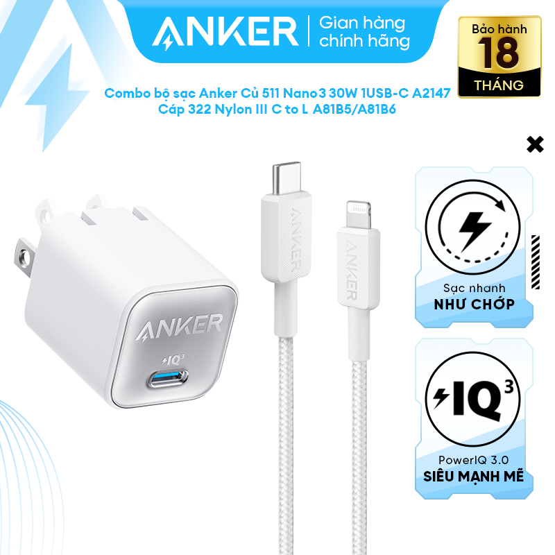 Bộ sạc nhanh 30w anker cho iphone 8 đến iphone 14 series - củ 30w 1c & cáp ctol đạt chứng chỉ mfi a2147+a81b5/6-a80b1/2