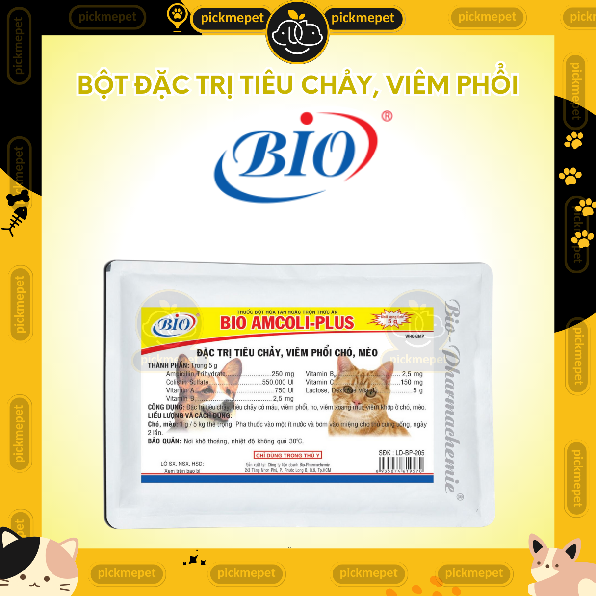 Bio Amcoli Plus |Bio-Amcoli-Plus 5g - Bột hỗ trợ viêm phổi, tiêu chảy cho Chó Mèo
