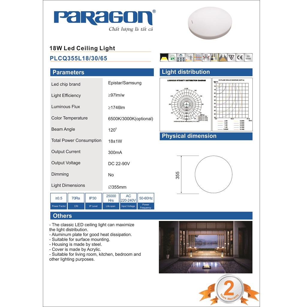 Đèn led ốp trần cảm biến paragon – 18w - ánh sáng vàng/ trung tính/ trắng. hàng chính hãng - hibuddy