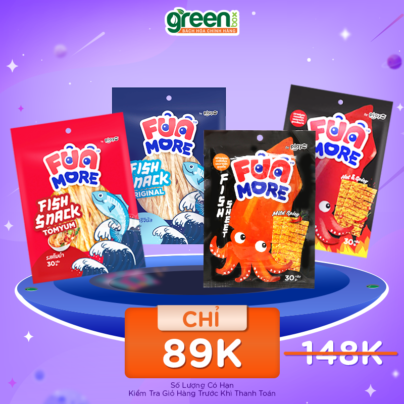 Combo 4 vị, Đồ ăn vặt khô cá mực cán tẩm gia vị siêu cay Funmore Playmore Thái lan 30g, snack cá funny, khô cá mực ăn vặt, trộn bánh tráng