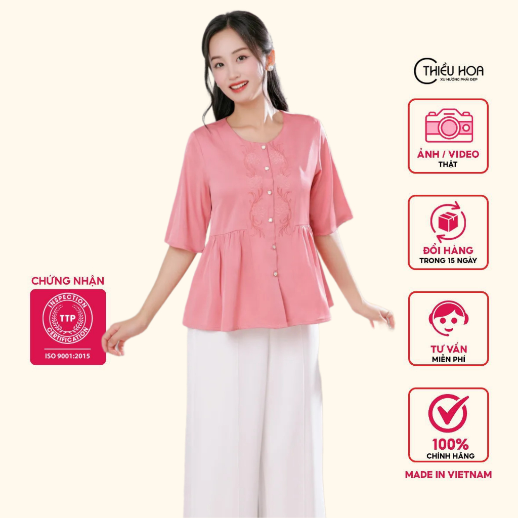 Áo kiểu nữ trung niên chất liệu Lụa latin Hàn cao cấp, họa tiết hoa cẩm chướng tinh tế, sang trọng thương hiệu Thiều Hoa L0522