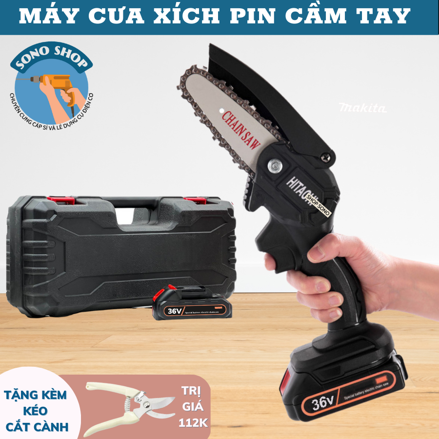 MÁY CƯA XÍCH DÙNG PIN MINI HITACHI TIỆN LỢI MÁY CƯA XÍCH DÙNG PIN TẶNG KÈM KÉO CẮT CÀNH 60K MÁY CƯA CẮT CÀNH CẦM TAY DỂ DÀNG MANG ĐI