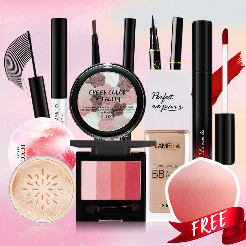 [HCM]【Urbeauty Mall】Bột mỹ phẩm màu tự nhiên [ kem gouache + son môi + bút chì lông mày + mascara +Bút kẻ mắt +đầu kép có thể cố định que 8 bộ trang điểm cá nhân trang điểm cơ bản set trang điểm đẹp bộ