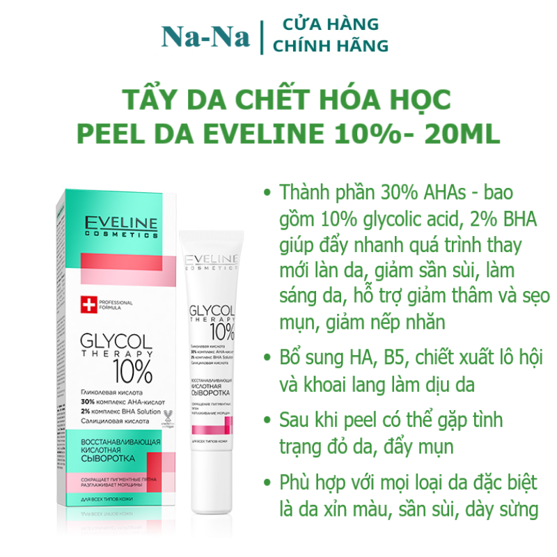 Tẩy da chết, peel da hoá học Eveline Glycol Therapy 10% 20ml Revitalizing Acid Peel giúp da tái tạo nhanh, sạch sâu, láng mịn, đều màu, ngăn ngừa mụn