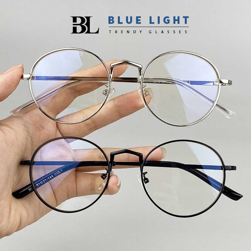 Gọng Kính Cận Kính Giả Cận Nam Nữ Mắt Tròn Viền Dày Cứng Cáp Gọng Kim Loại Bạc Đen Hàn Quốc - BLUE LIGHT