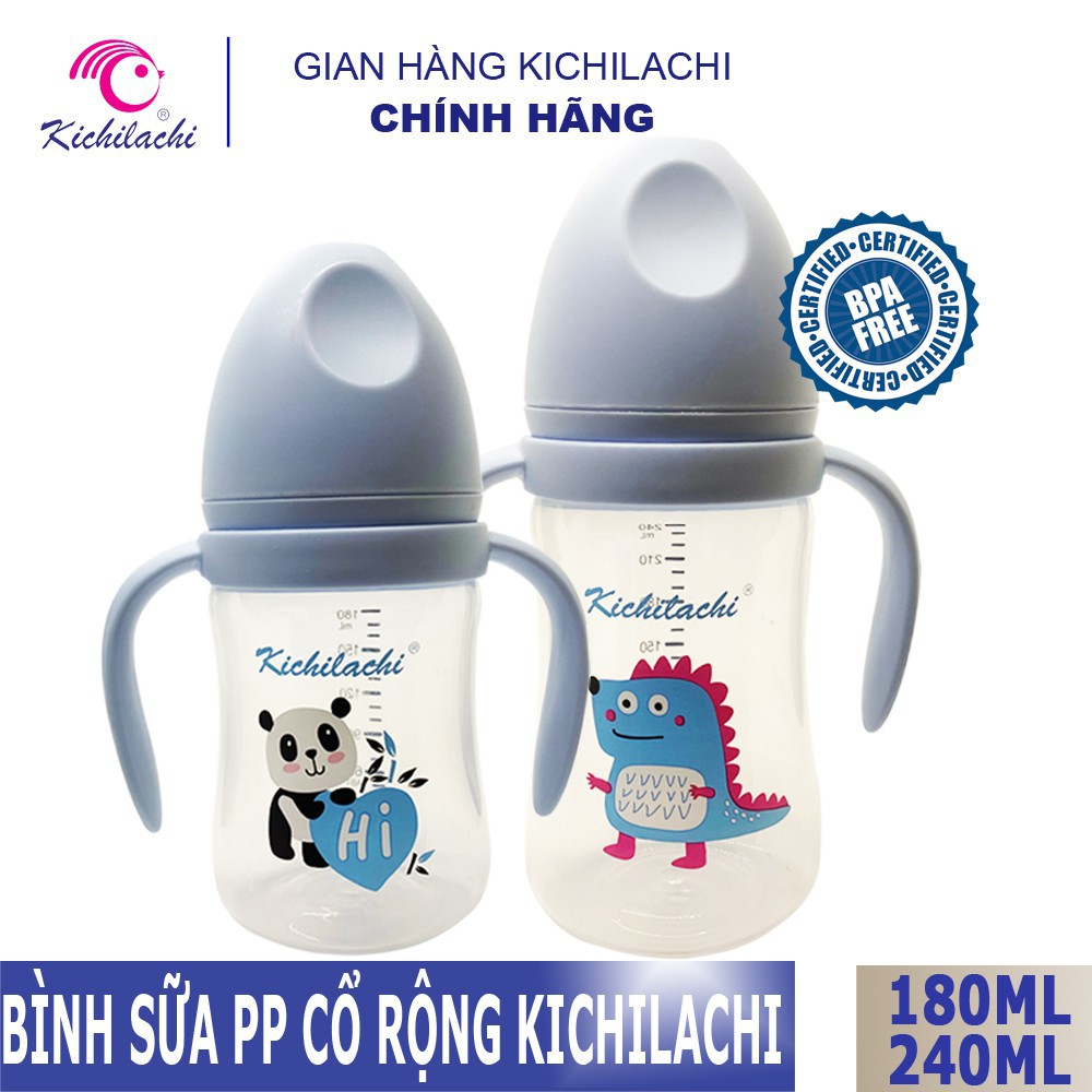 Bình sữa pp cổ rộng có quai cầm không bpa an toàn cho bé 180ml / 240ml kichilachi kichi