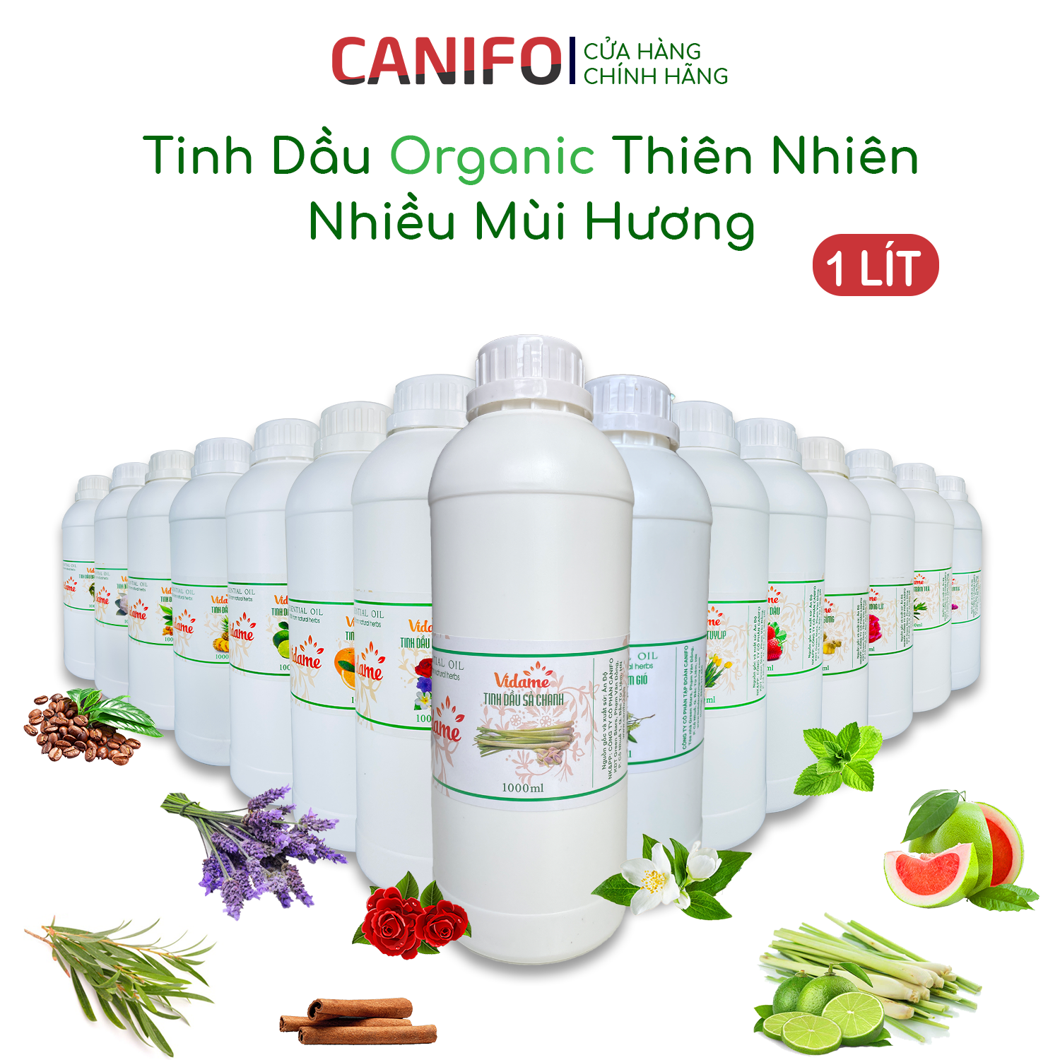 [Free ship] Tinh Dầu Thiên Nhiên  công ty CANIFO 1 lít chính hãng :  Tinh dầu thơm xông phòng, đuổi muỗi, khử mùi hiệu quả sả chanh, quế, bạc hà, hoa hồng,hoa nhài,cafe, tràm gió,ngọc lan tây,oải hương, vỏ bưởi,trầm hương