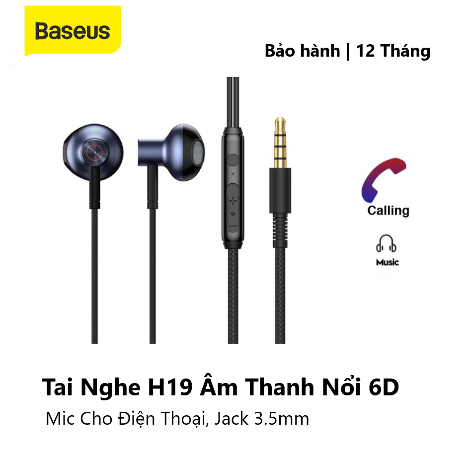 Tai Nghe Có Dây Âm Thanh Nổi Baseus H19 6D, Tai Nghe Bass Tai Nghe Có Dây Trong Tai 3.5Mm, Tai Nghe HIFI Có MIC Dành Cho Adroid