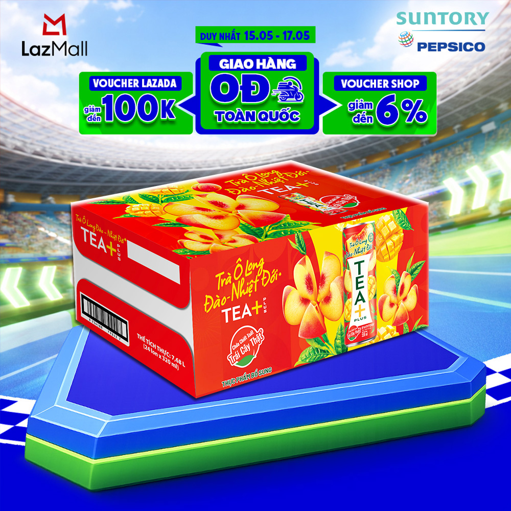 Thùng 24 Lon Trà Ô Long Tea+ Đào Trái Cây Nhiệt Đới (320ml/lon)