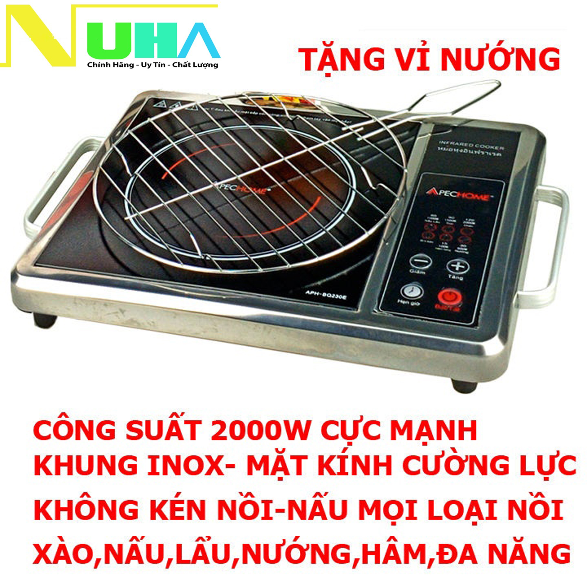 Bếp hồng ngoại cao cấp apechome aph-bq230e - thân inox - không kén nồi - tặng kèm vỉ nướng