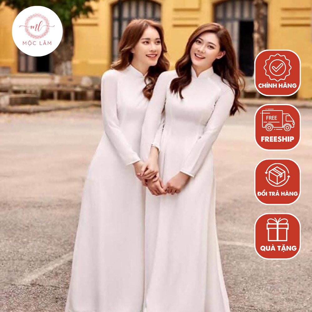 Áo dài lụa trắng 4 tà cao cấp - áo dài mộc lâm - ad07