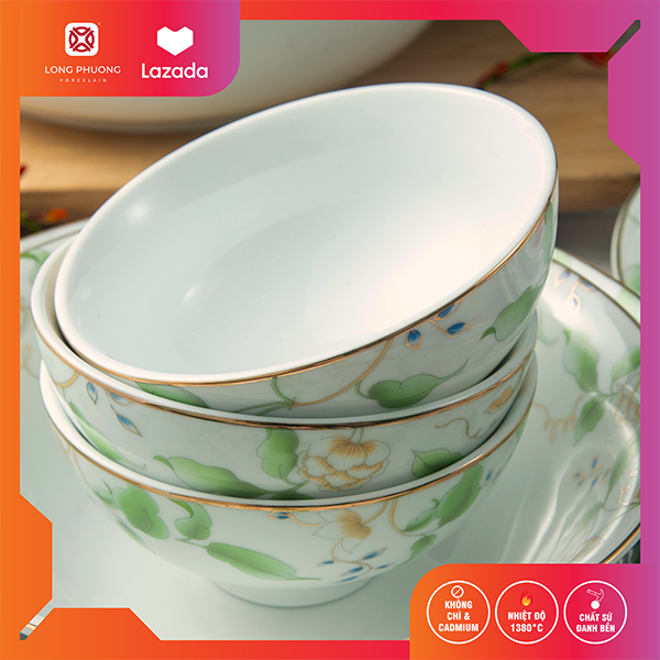 Chén cơm, bát cơm, chén ăn cơm, bát ăn cơm , tô ăn cơm decor hoa ngọc diệp bằng sứ cao cấp Long Phương