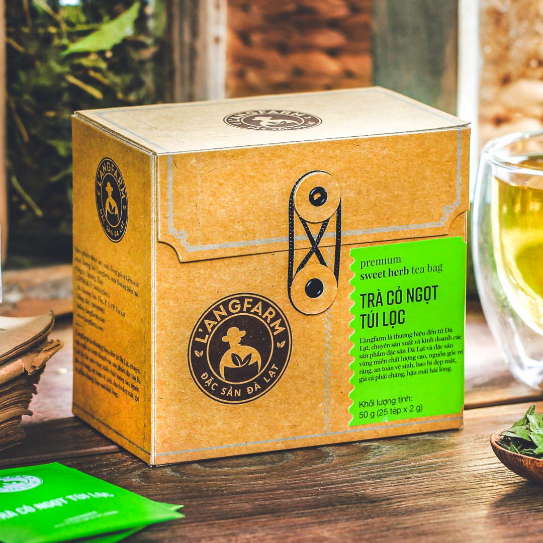  Trà cỏ ngọt túi lọc Langfarm 25 tép hộp mẫu quấn dây kraft 