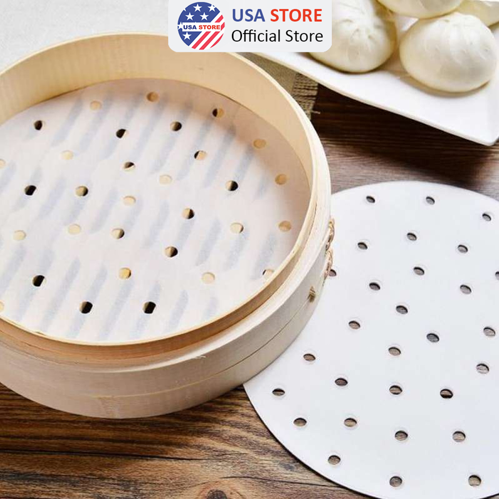 Set 100 tờ giấy nến đục lỗ size 21cm- giấy nến lót xửng hấp, nồi chiên không dầu, hấp bánh bao