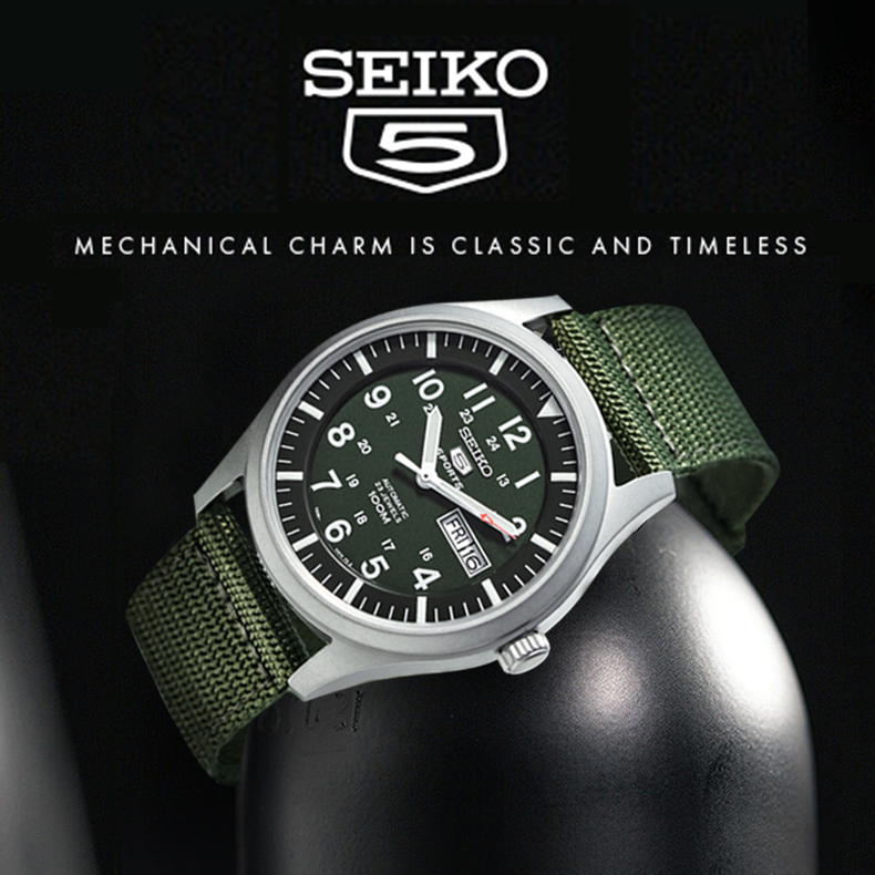SEIKO 5 Đồng hồ nam dây vải canvas chiến binh cơ khí tự động SNZG15