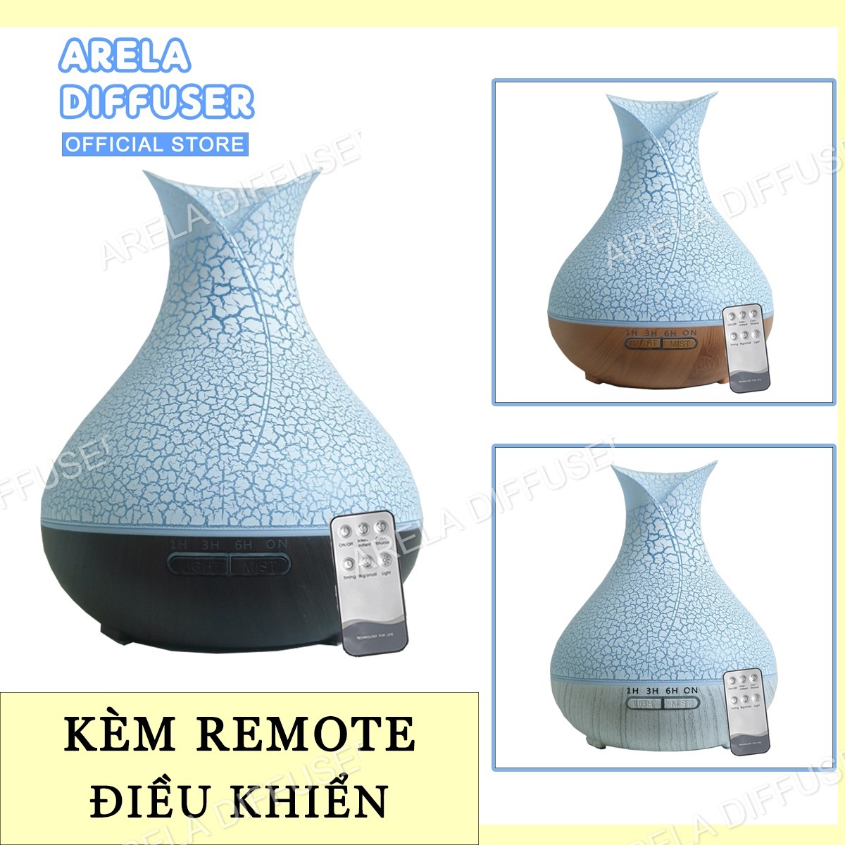 Máy xông tinh dầu hoa tulip vân rạn dung tích lớn 550ml kèm remote điều khiển