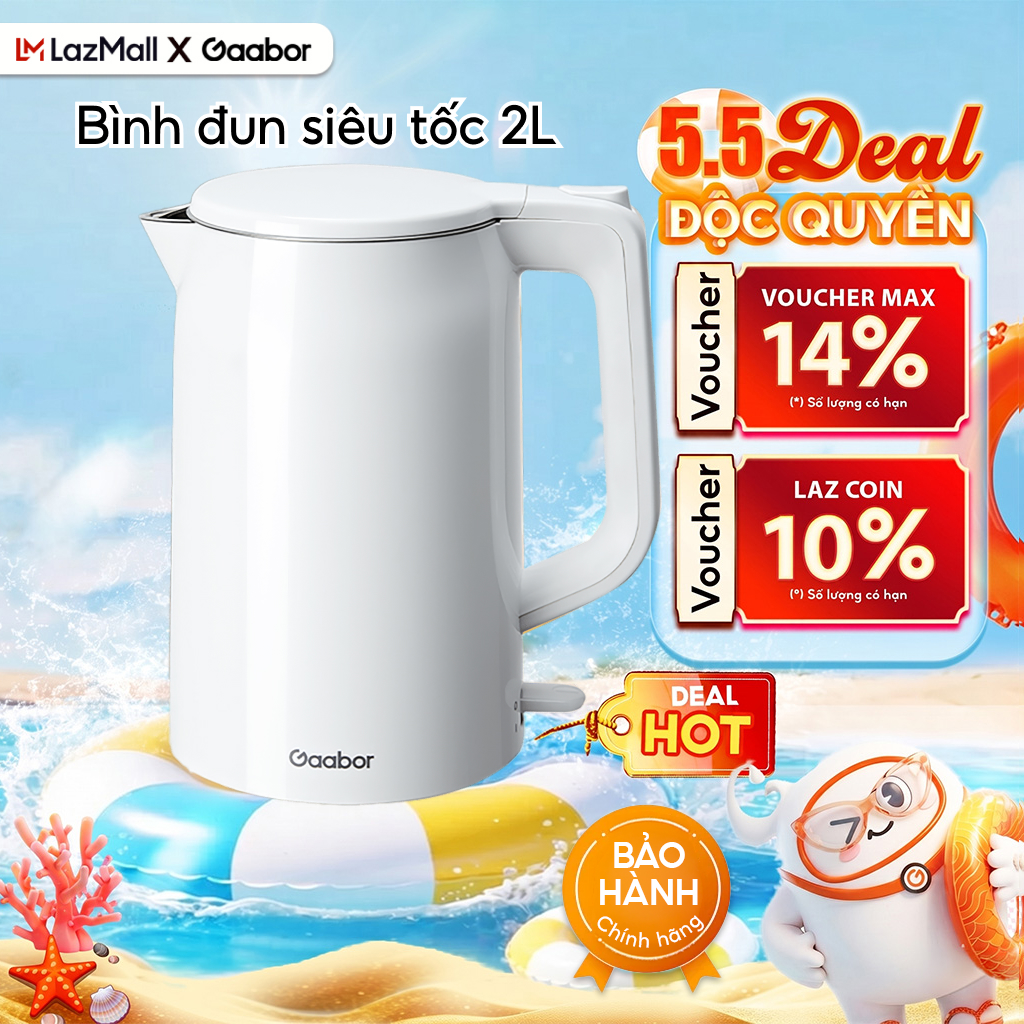 [HỎA TỐC HCM] Ấm đun siêu tốc 2L INOX cao cấp đúc nguyên khối Gaabor EK20M-WH01A/WH02A bình đun nước siêu tốc màu trắng nhựa cách nhiệt an toàn sôi nhanh - Bảo hành 12 tháng 1 đổi 1