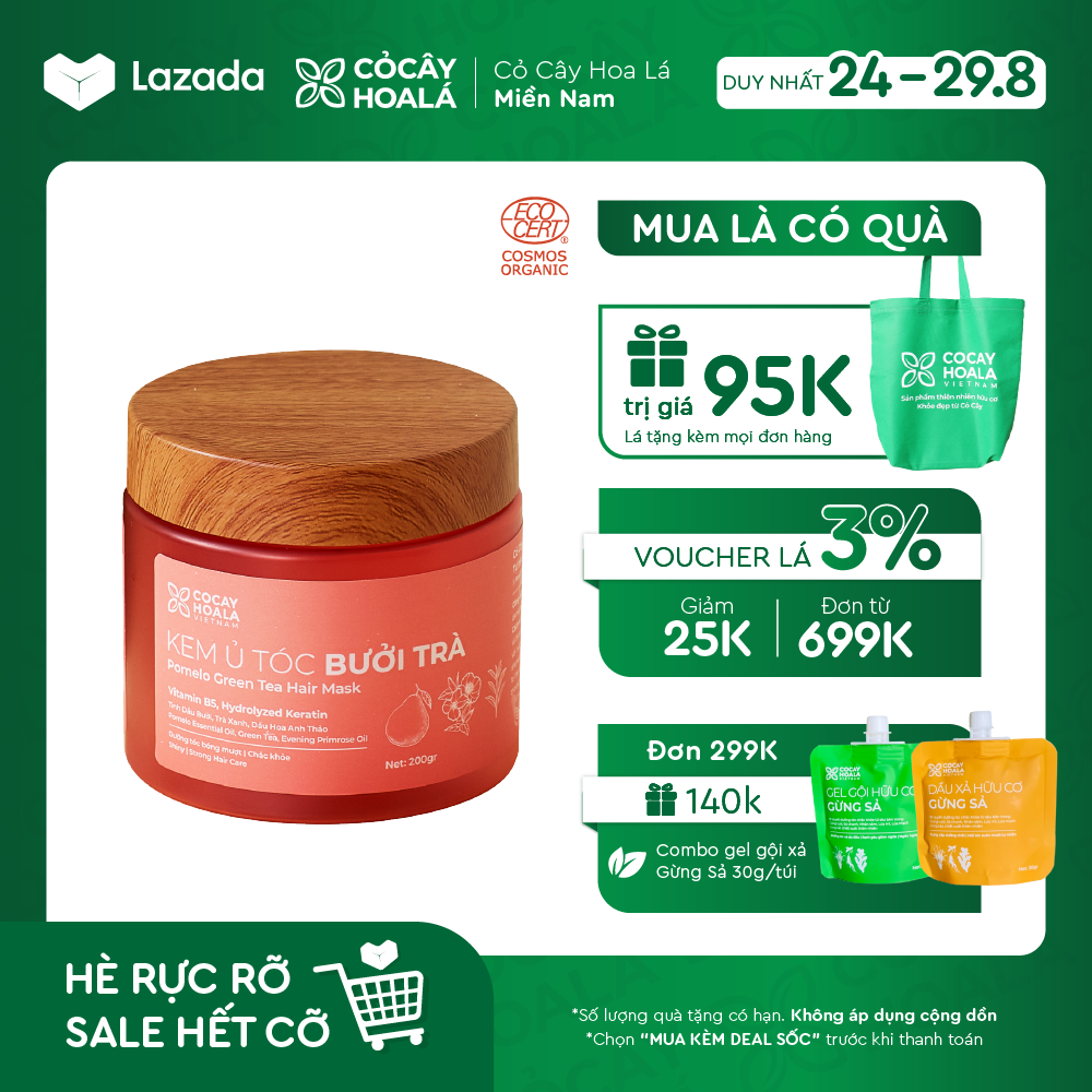 Kem ủ tóc bưởi trà cỏ cây hoa lá - bổ sung keratin thủy phân siêu dưỡng phục hồi tóc hư tổn 200g